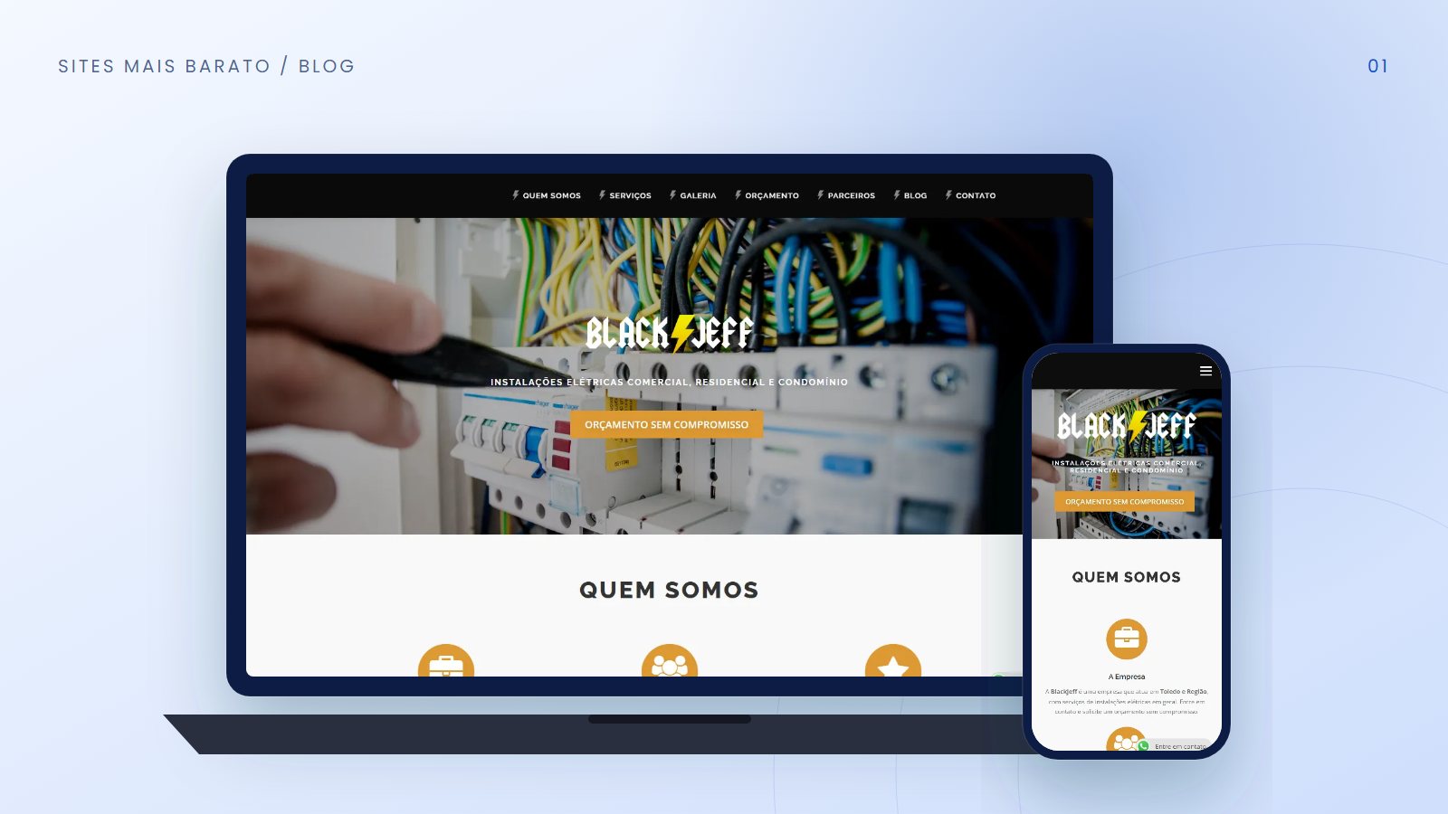 Notebook e smartphone exibindo o mesmo site moderno, com botão de orçamento em destaque