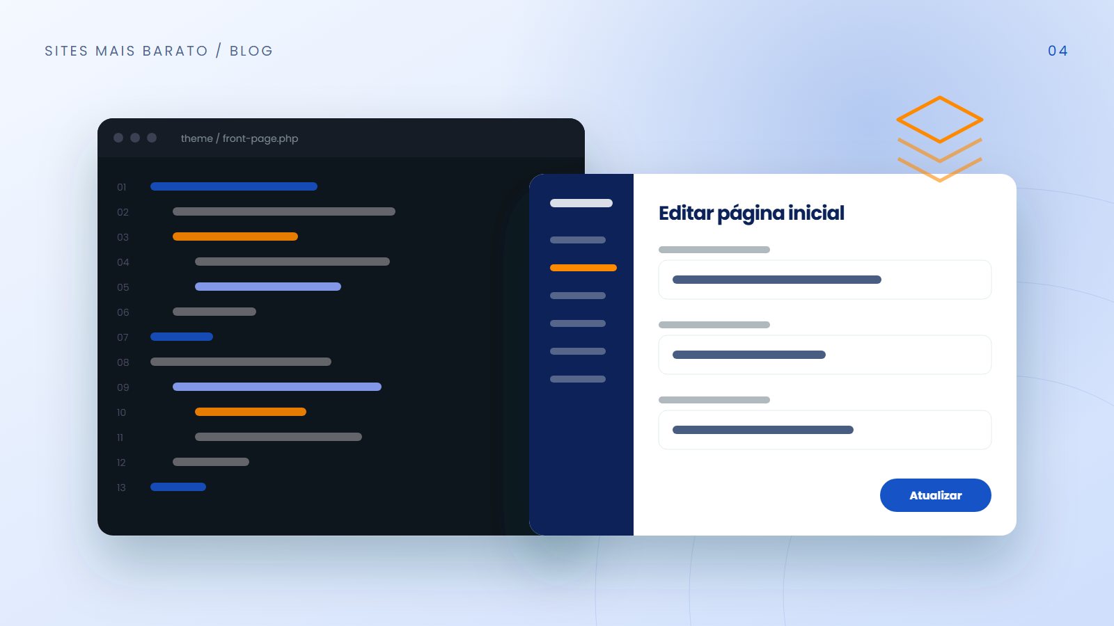 Ambiente de desenvolvimento com editor de código e o painel de um site WordPress lado a lado